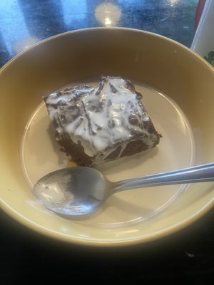 Salted Caramel brownie and creem  at Scoff's in Horsforth