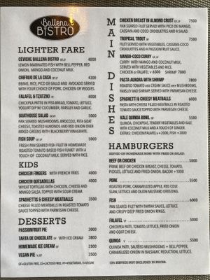 Food menu   at Ballena Bistro in Uvita