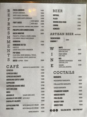 Beverage menu   at Ballena Bistro in Uvita