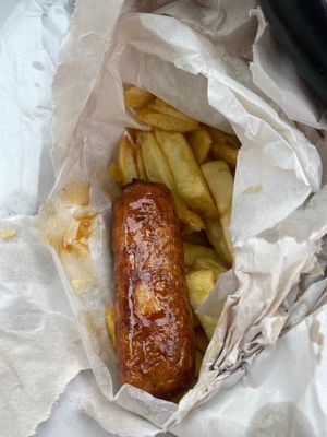 Yummy quorn vegan sausages and chips   at The Friar Tuck in Cirencester