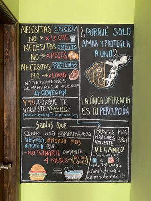 Store board with news and facts about veganism at Mr. Tofu in Aguascalientes
