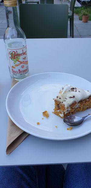 Rhubarb juice and vegan cake at Cafe Gaya in Aarhus