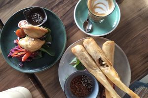 5 spice spring rolls - mushroom curry puff & mung bean curry puff - latte at Little Digs in Fortitude Valley