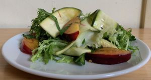 Summer Squash Salad - charred stone fruit, baby greens, white balsamic at Tilth in Seattle