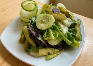 Cucumber Salad, baby greens, pickled celery, white balsamic at Tilth in Seattle