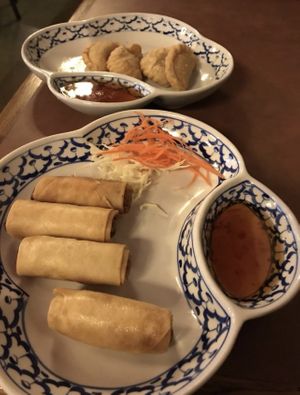 Spring rolls; curry puffs in background   at Baan Thai Restaurant in Leavenworth