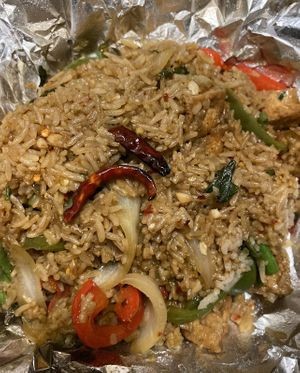 Basil fried rice spice level hot, no egg, add tofu and garlic   at Baan Thai Restaurant in Leavenworth