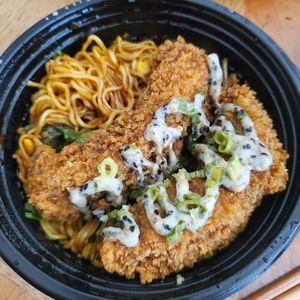 Portobello katsu with fried noodles at Sushi With Attitude in Los Angeles