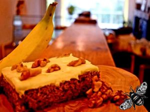 One of our best sellers, and a staple in the cake display now: Banana pecan loaf. Gluten free and vegan, it's suits all tastes! (unless you have a nut allergy...) at Bumbles' Rest Cafe in Ambleside