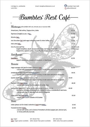 Our full menu. Takeaway food prices differ, as these are for our plated meals.  at Bumbles' Rest Cafe in Ambleside