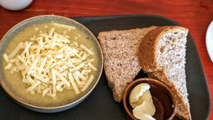 Roast cauliflower soup with vegan cheese at Bumbles' Rest Cafe in Ambleside