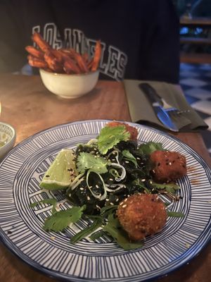Crispy Tofu comes with seaweed salad - very good!  at El Corazon in Santa Teresa