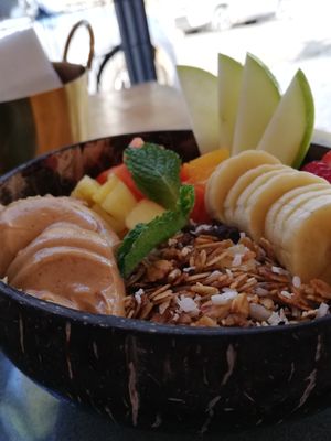 Acai bowl with banana, strawberry and other fresh fruits, granola and peanut butter at The Bakery in Santa Teresa