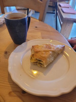 vegan filo pastry and a coffee! at The Bridge in Langport