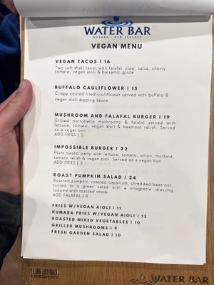 Dedicated vegan menu  at Water Bar in Wanaka