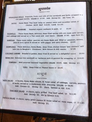 Menu at Thai Sapa in Springdale