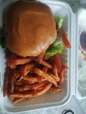 Burger and sweet potato fries at Sloth and Sparrow in Falmouth