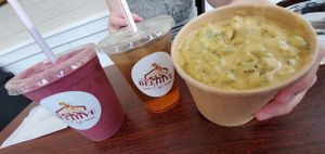 Berry Bliss smoothie, Mint Tea and Broccoli cheeze soup !! at The Beehive Cafe in Berkeley Springs