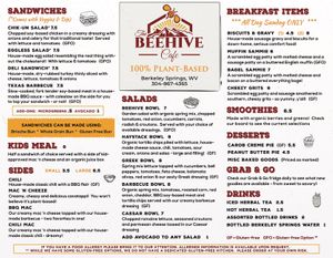 Our menu - current as of 7/14/21 at The Beehive Cafe in Berkeley Springs