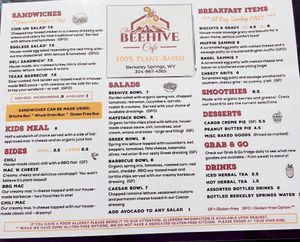 The menu at The Beehive Cafe in Berkeley Springs