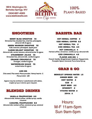 Drink Menu as of 4/28/22 at The Beehive Cafe in Berkeley Springs