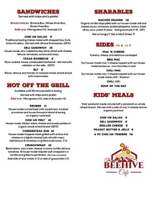 Menu pg 2 as of 4/28/22 at The Beehive Cafe in Berkeley Springs
