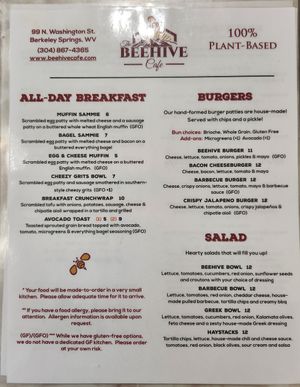 Menu, page 1 of 3, 7/24/2022 at The Beehive Cafe in Berkeley Springs