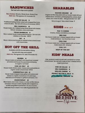 Menu, page 2 of 3, 7/24/2022 at The Beehive Cafe in Berkeley Springs