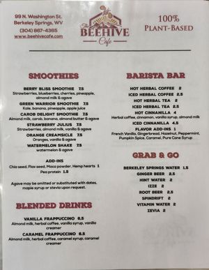 Menu, page 3 of 3, 7/24/2022 at The Beehive Cafe in Berkeley Springs
