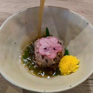 Ume Ochazuke with Millet Mixed Coloured Rice, Chrysanthemum, and Shiso Leaf in Housemade Vegan Dashi Consommé at WakaMama in Central Singapore