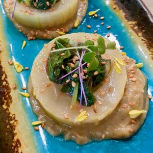 Vegan Shojin Ryori Steamed Hairy Gourd Stuffed with Red Spinach and Ume Sesame Seeds in Eggplant Sauce at WakaMama in Central Singapore