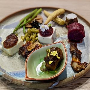 Hassun with Sake Edamame, Shoyu Koji Handmade Tofu, Kombucha Scoby Compôte Handmade Tofu, Braised Miso Baby Yam, Bacon Enoki, Miso Eggplant Unagi, etc at WakaMama in Central Singapore