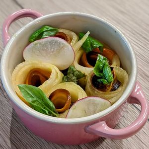 Vegan Smoked Parma Ham with Australian Rock Melon in Basil Oil at WakaMama in Central Singapore