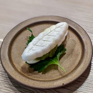Water Kefir Basil Mango Sorbet Monaka with Rice Cake Wafers at WakaMama in Central Singapore