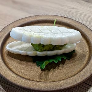Water Kefir Basil Mango Sorbet Monaka with Rice Cake Wafers at WakaMama in Central Singapore