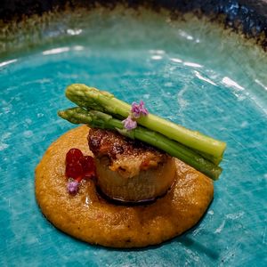 Vegan Koji Cured Scallop Steak with Pencil Asparagus & Housemade Raspberry Caviar in Raw Vegan Kombucha Lime Romesco Sauce at WakaMama in Central Singapore