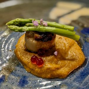 Vegan Koji Cured Scallop Steak with Pencil Asparagus & Housemade Raspberry Caviar in Raw Vegan Kombucha Lime Romesco Sauce at WakaMama in Central Singapore