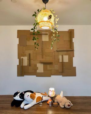 Upcycled cardboard wall art and soundproofing at WakaMama in Central Singapore