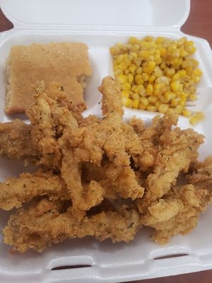 Fried mushrooms, corn, and corn bread at Hungry Vegan in Savannah