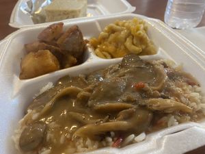 Oyster stew, Mac n cheese, potatoes, corn bread. Yum!  at Hungry Vegan in Savannah