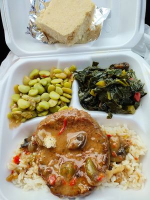 Special of Salisbury steak, Lima beans, collard greens and cornbread at Hungry Vegan in Savannah