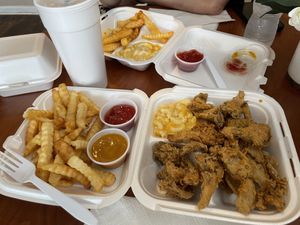 Oyters mushrooms with fries and mac!  at Hungry Vegan in Savannah
