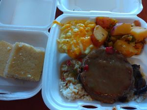 Vegan Salisbury Steak plate (also comes with a drink) at Hungry Vegan in Savannah