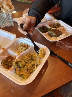 mid-munch lasagna okra greens and meatloaf on rice 🫠  at Hungry Vegan in Savannah