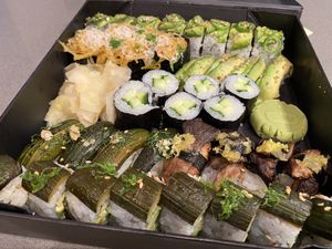 Vegan Omakase Sushi Box  from Lucky Robot Japanese Kitchen
Zucchini Ahimi 
Hi-Fi Mycology Mushroom 
Avocado and Spaghetti Squash
Farm Bot 2.0 Maki
Veggiepillar Maki 
Kappa Maki at Lucky Robot in Austin