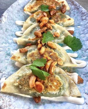 Spinach & tofu dumplings   at Lucky Robot in Austin