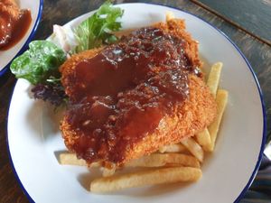 Schnitzel w/gravy+chips $10.00 Tuesday deal - the chikn used was not pleasant tasting, needed more gravy, but delish salad at The Last Chance Rock & Roll Bar in Melbourne