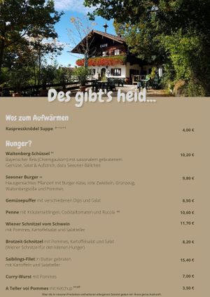 Speisekarte Seite 1 at Café Waltenbergstüberl in Seeon