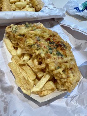 Pizza crunch (half of a vegan pizza deep fried) & chips   at The Chippy Blairgowrie in Blairgowrie