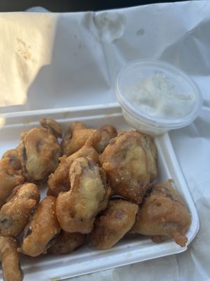 Battered mushrooms with vegan mayo  at The Chippy Blairgowrie in Blairgowrie